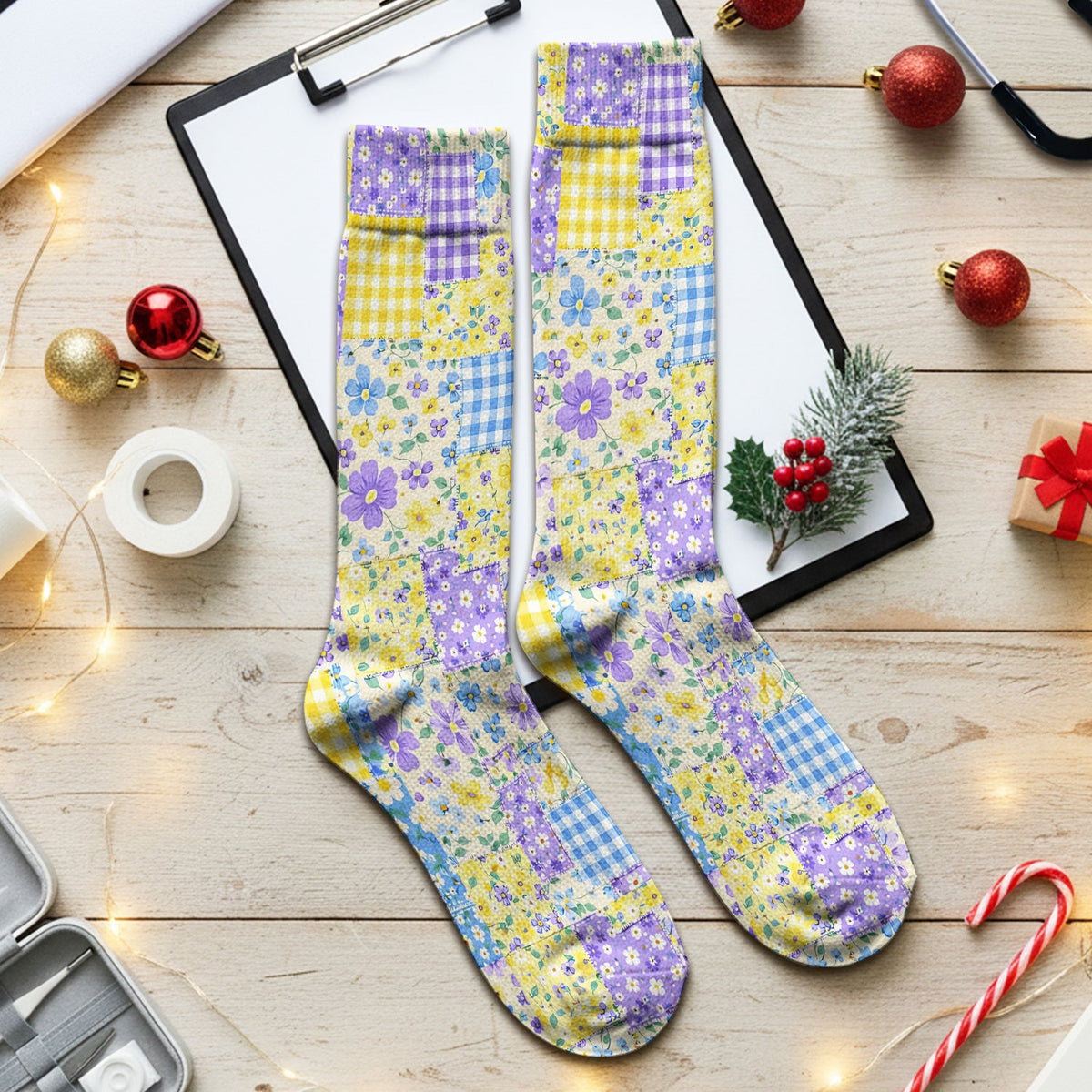 Floral Patchwork Gingham Nurse Socks
