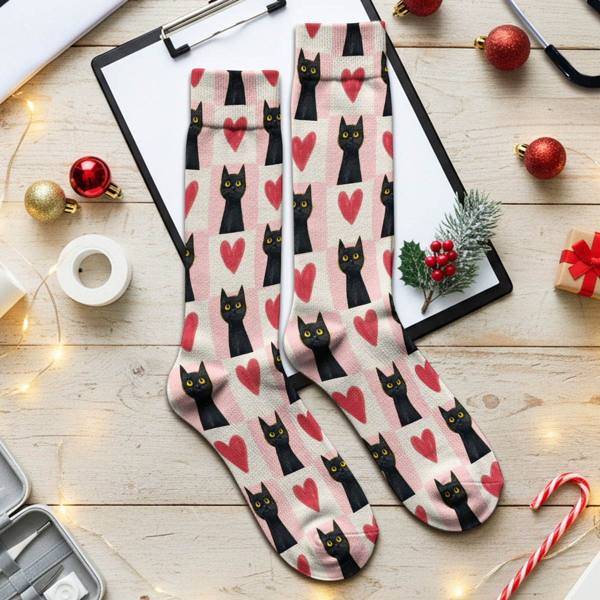 Cute Black Cat Heart Christmas Nurse Socks
