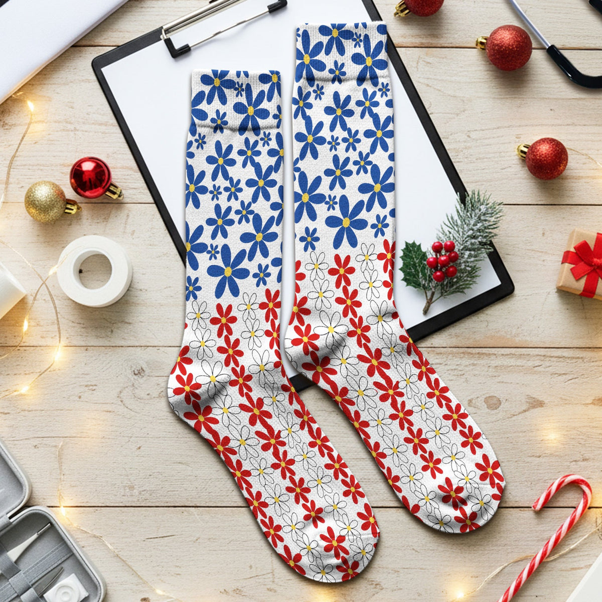 Retro Red Blue Daisy Nurse Socks