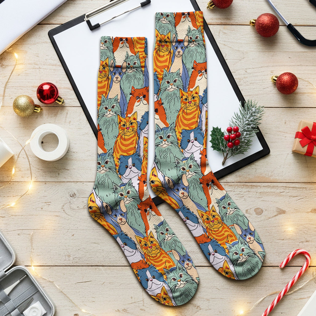 Multicolor Cat Faces Nurse Socks