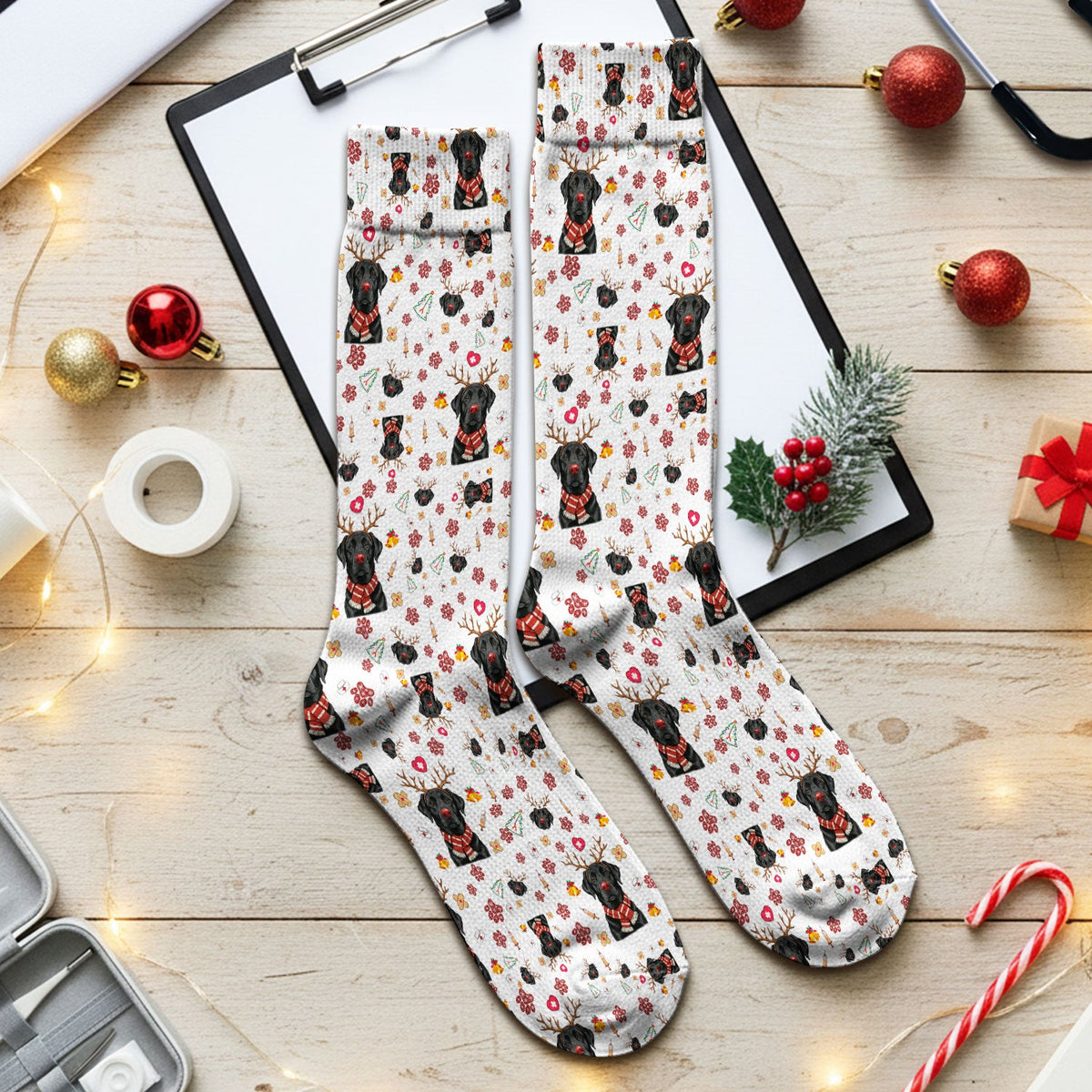 Black Lab Reindeer Christmas Nurse Socks - Gift For Dog Lover