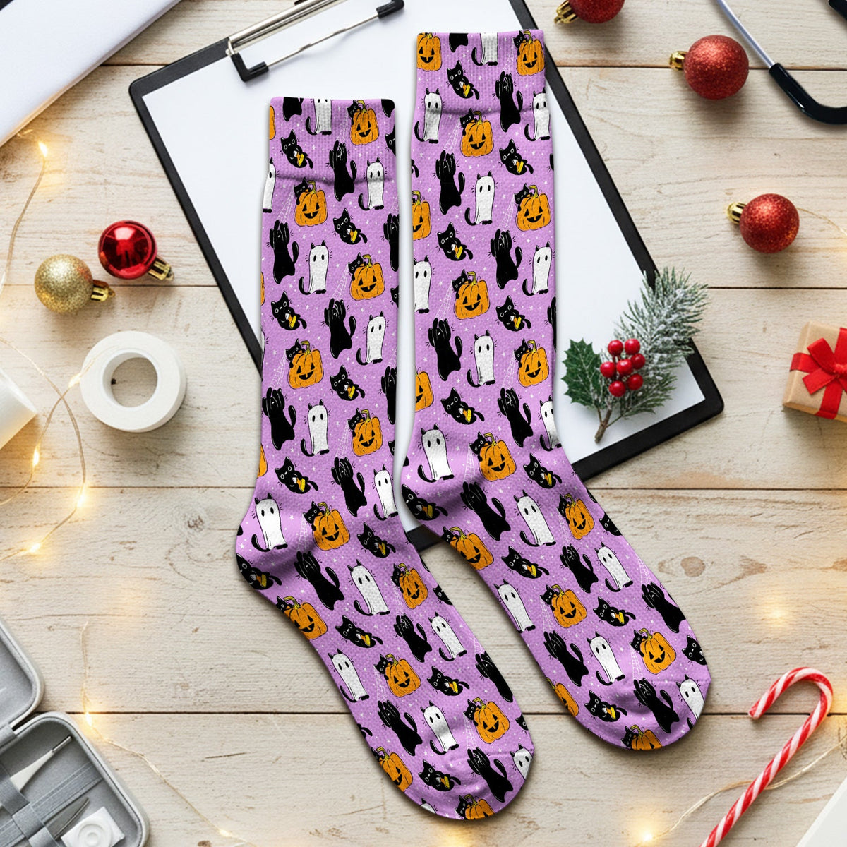 Purple Halloween Black Cat Nurse Socks