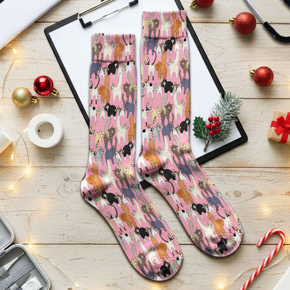 Whimsical Multicolor Cat Cartoon Nurse Socks