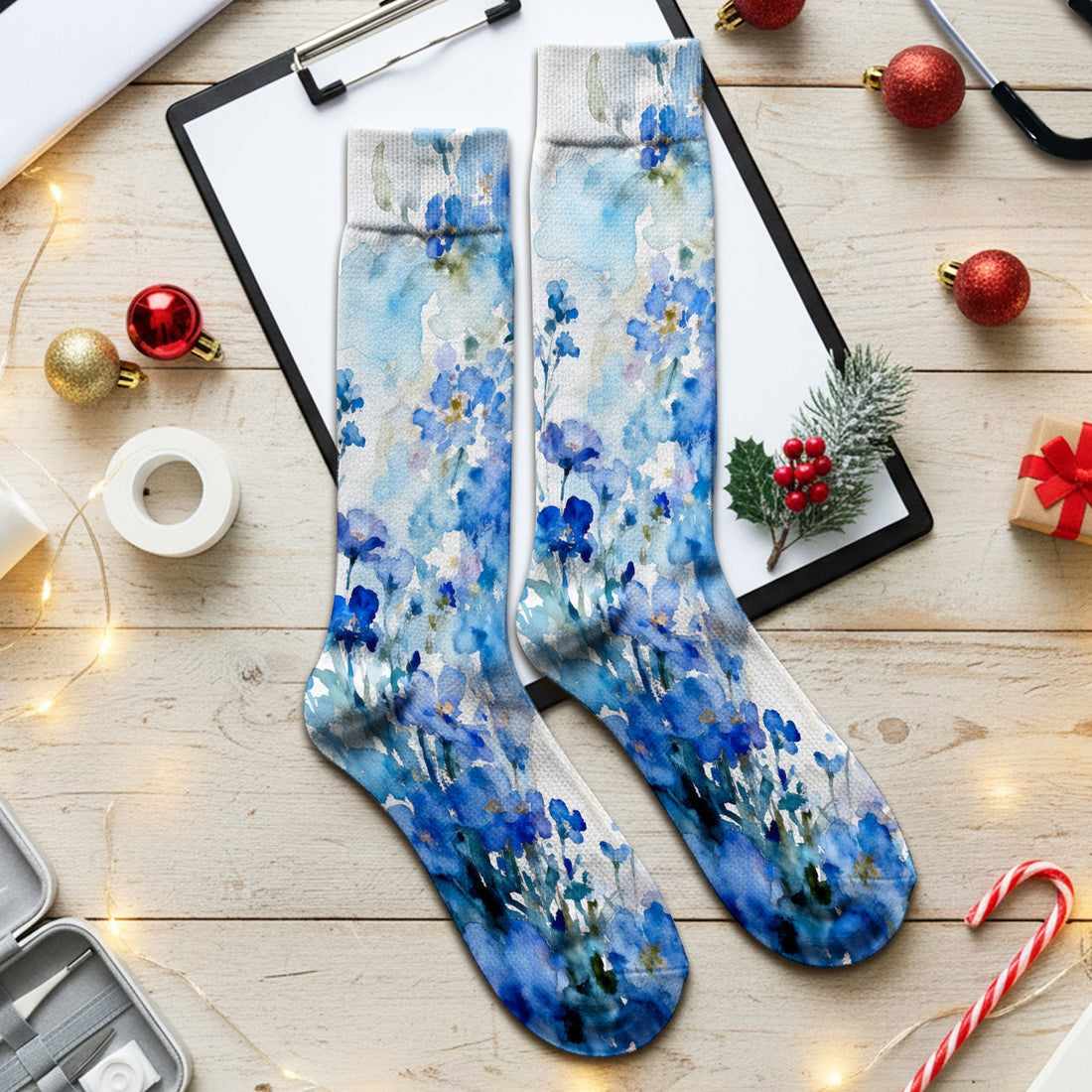 Adorable Blue Floral White Cat Nurse Socks