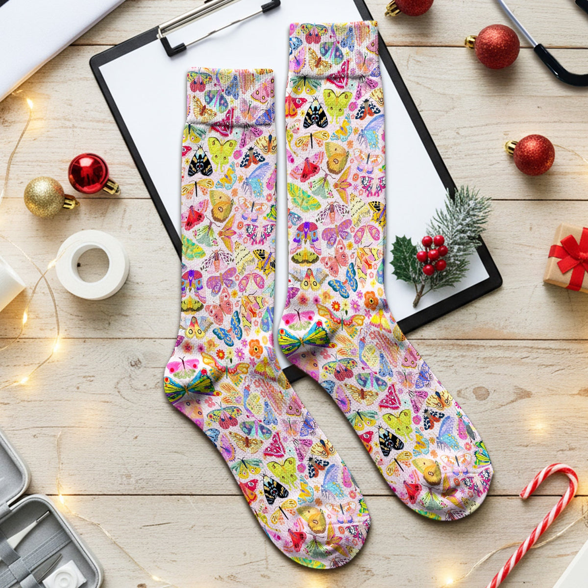 Cute Bright Butterfly Moth Floral Nurse Socks