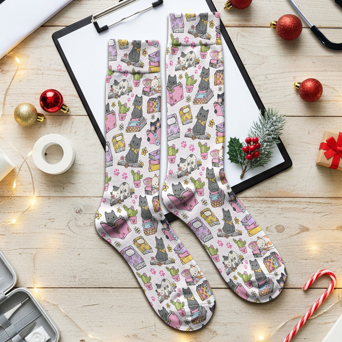 Cat Book Cactus Nurse Socks