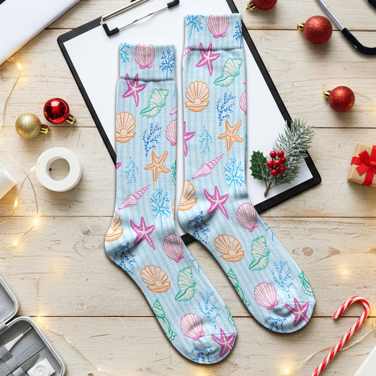 Colorful Seashell Starfish Ocean Stripe Nurse Socks
