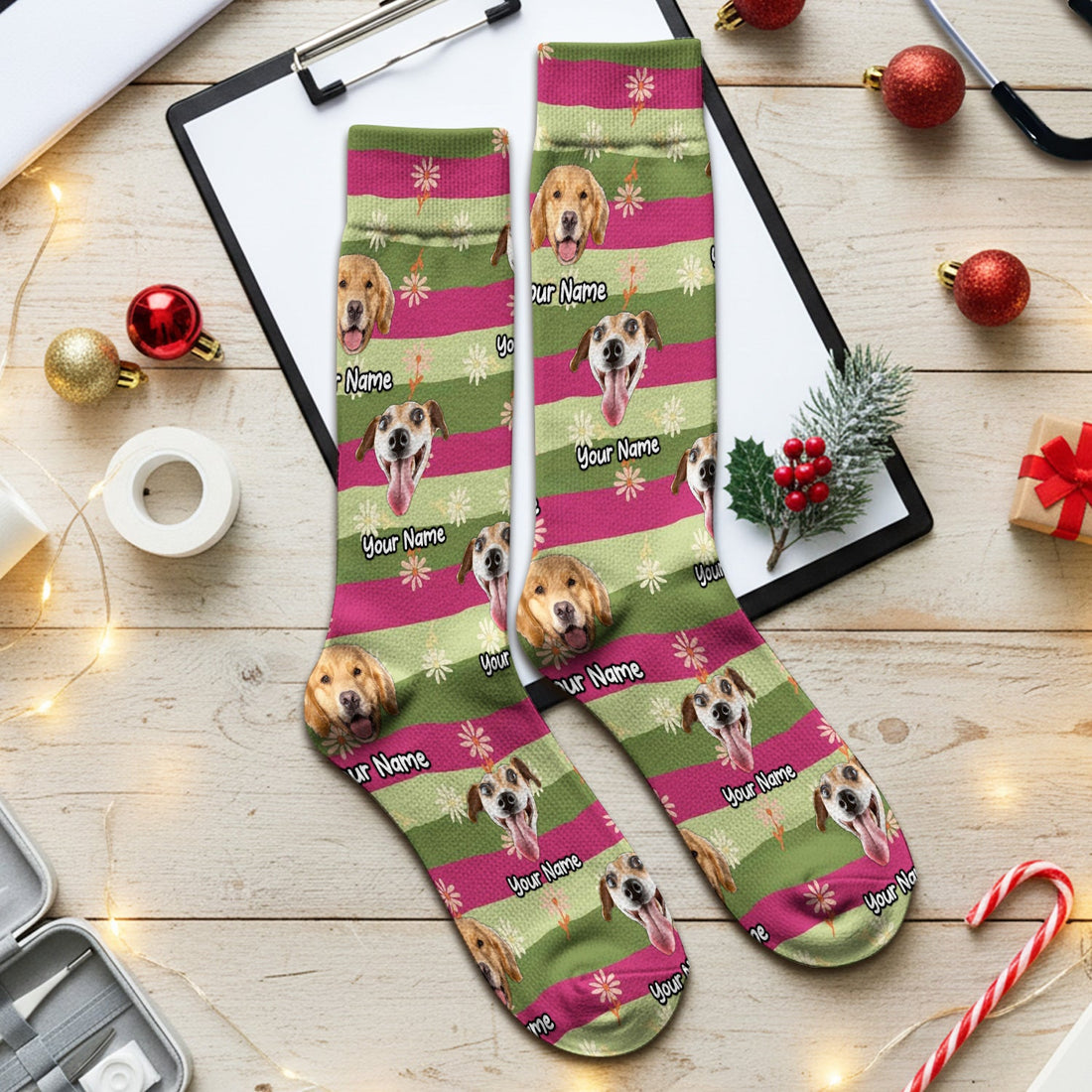 Personalized Dog Photo Spring Stripes Nurse Socks