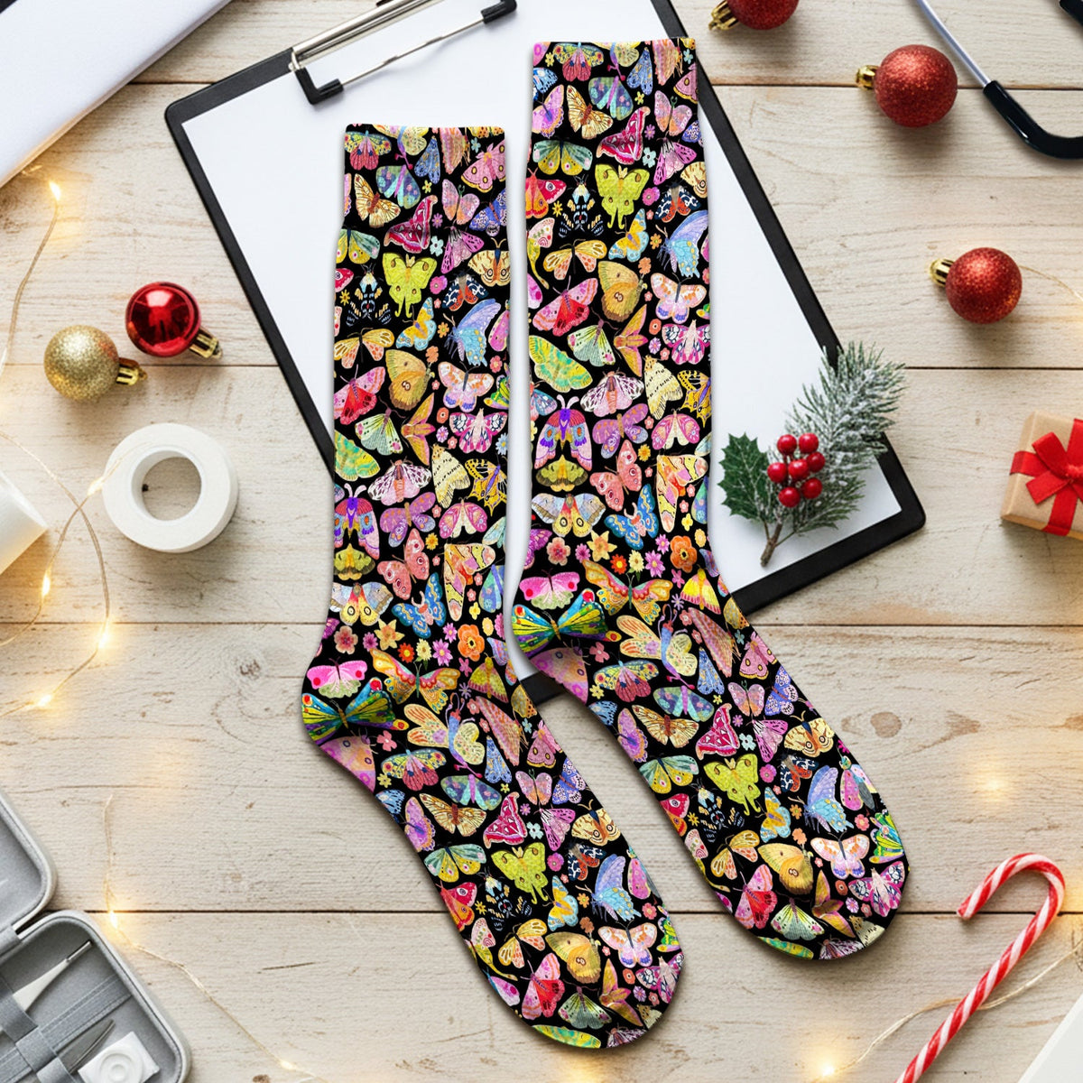 Cute Bright Butterfly Moth Floral Nurse Socks