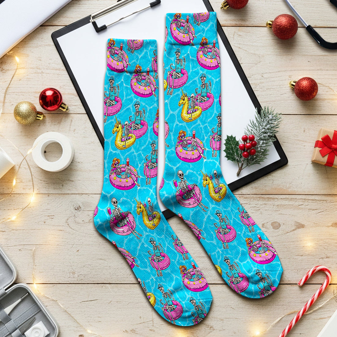 Summerween Skeleton Pool Float Nurse Socks