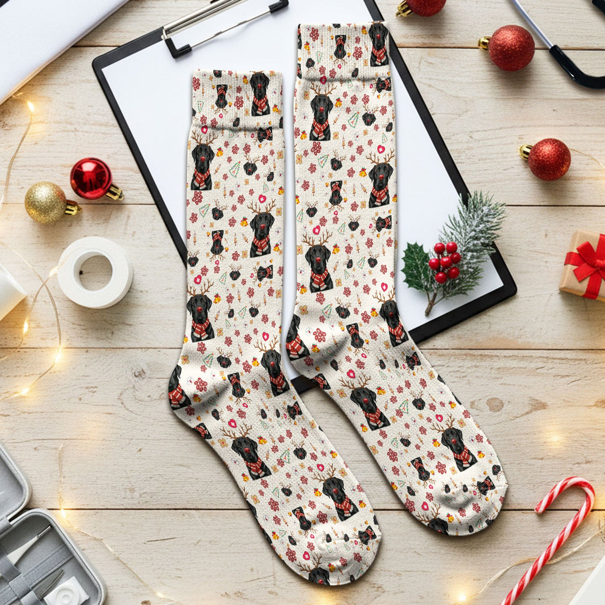 Black Lab Reindeer Christmas Nurse Socks - Gift For Dog Lover