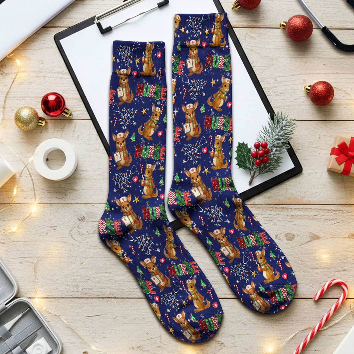 Aussie Kangaroo Christmas Socks for Nurse Doctor - Funny Holiday Adult Socks for Men and Women - Breathable Fabrics Medical Uniform