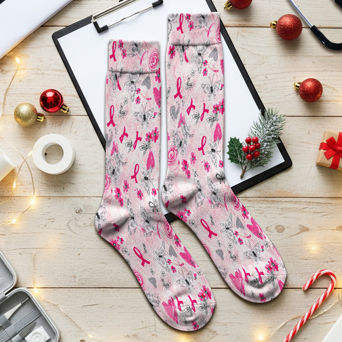 Breast Cancer Awareness Butterfly Floral Nurse Socks