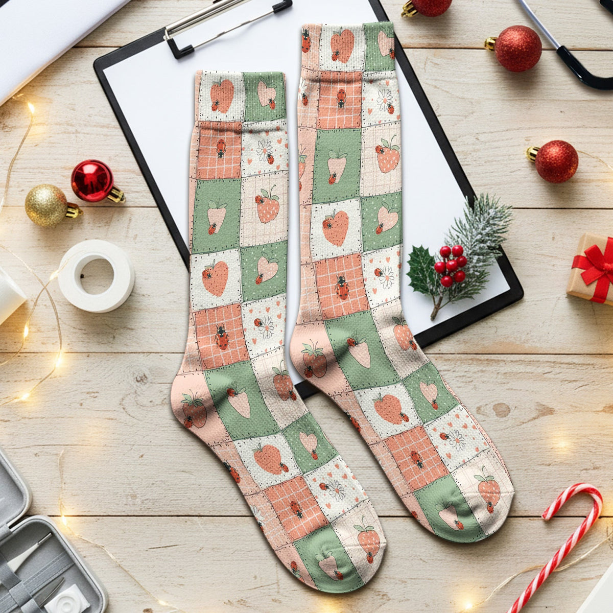 Strawberry Ladybug Patchwork Nurse Socks