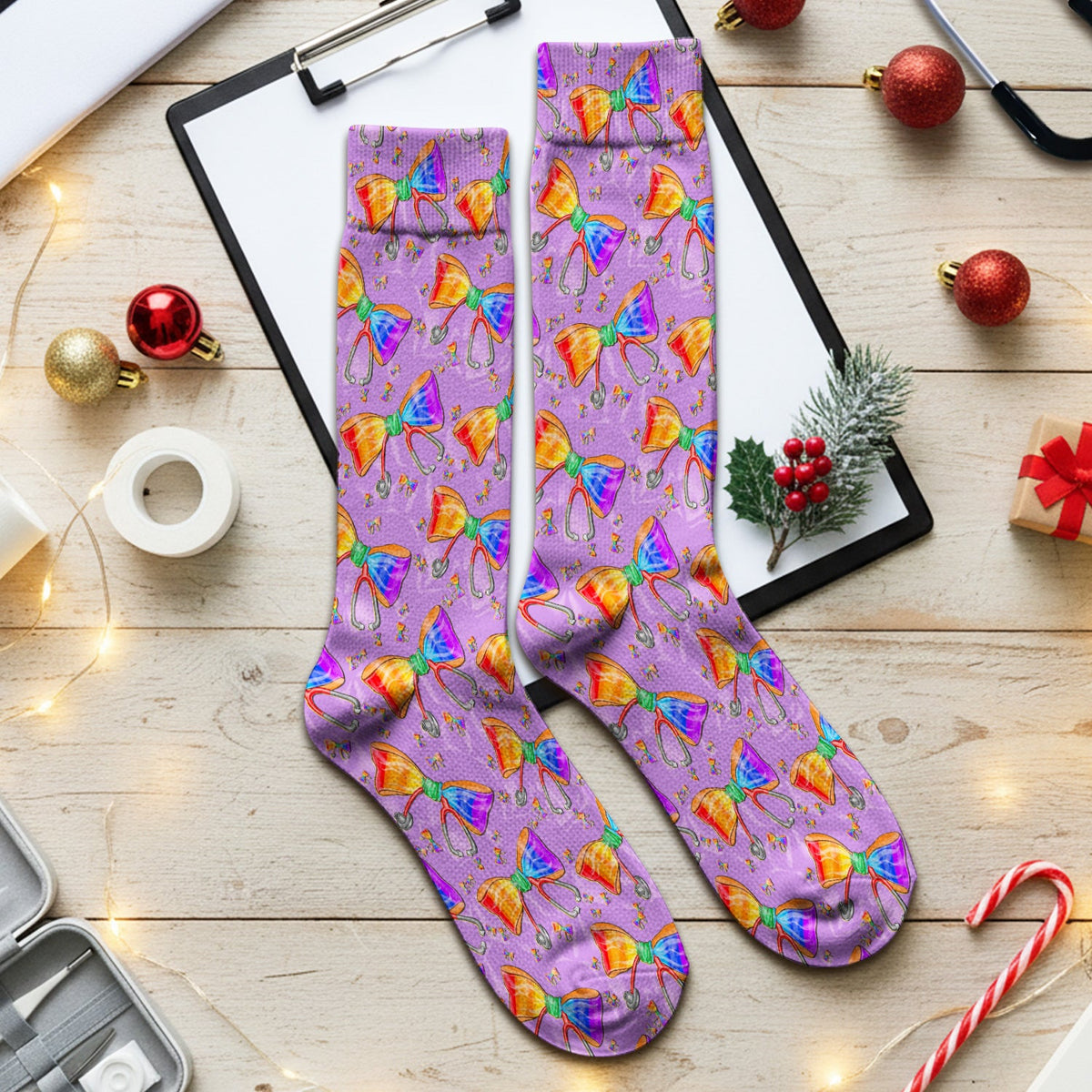 Colorful Rainbow Bow Stethoscope Nurse Socks