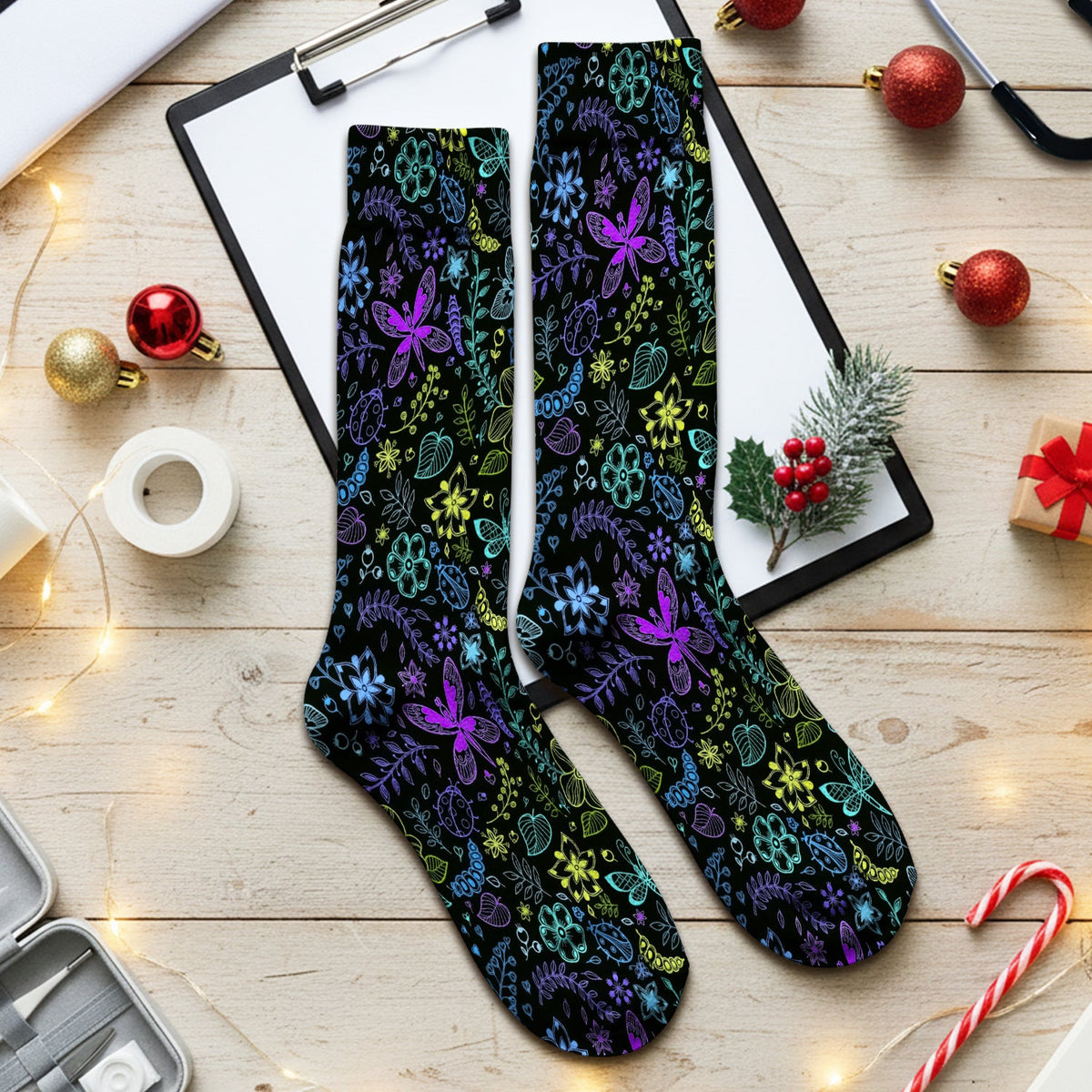 Neon Butterfly Floral Garden Nurse Socks