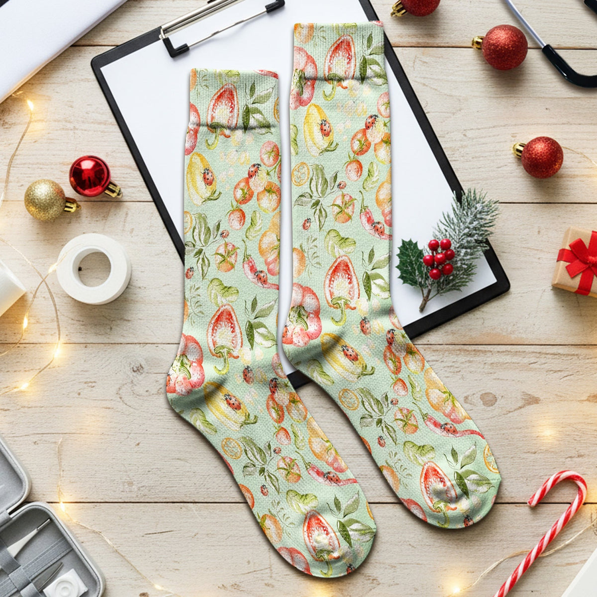 Watercolor Veggie Ladybug Nurse Socks