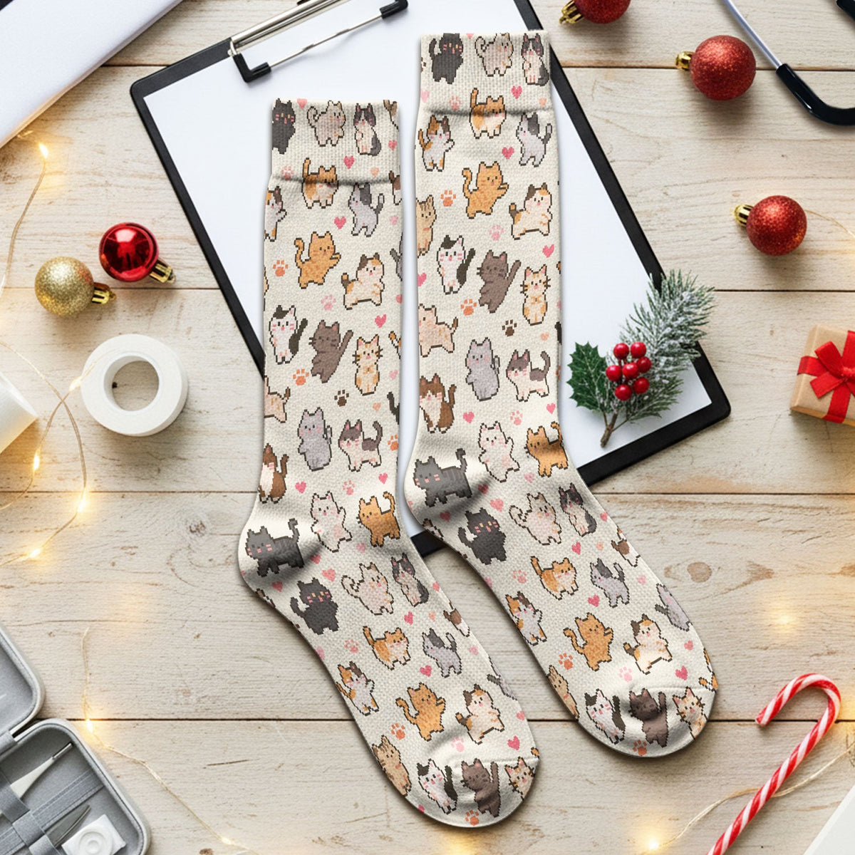Pixel Cat Heart Paw Nurse Socks