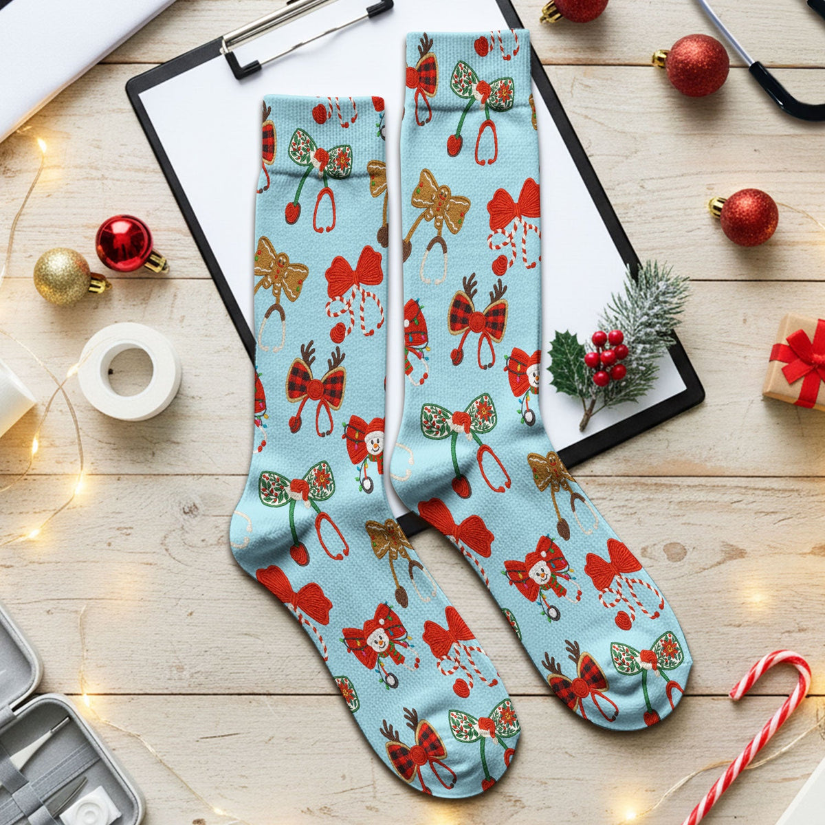 Christmas Stethoscope Bow Nurse Socks