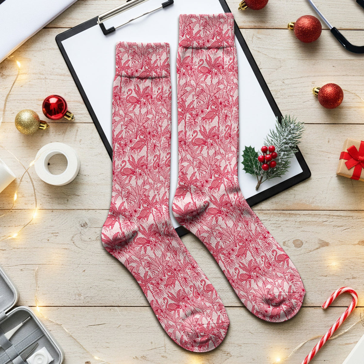 Tropical Flamingo Palm Leaves Nurse Socks