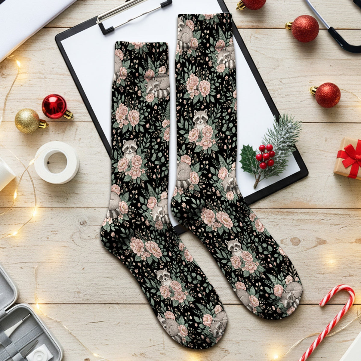 Sleeping Raccoon Rose Garden Nurse Socks