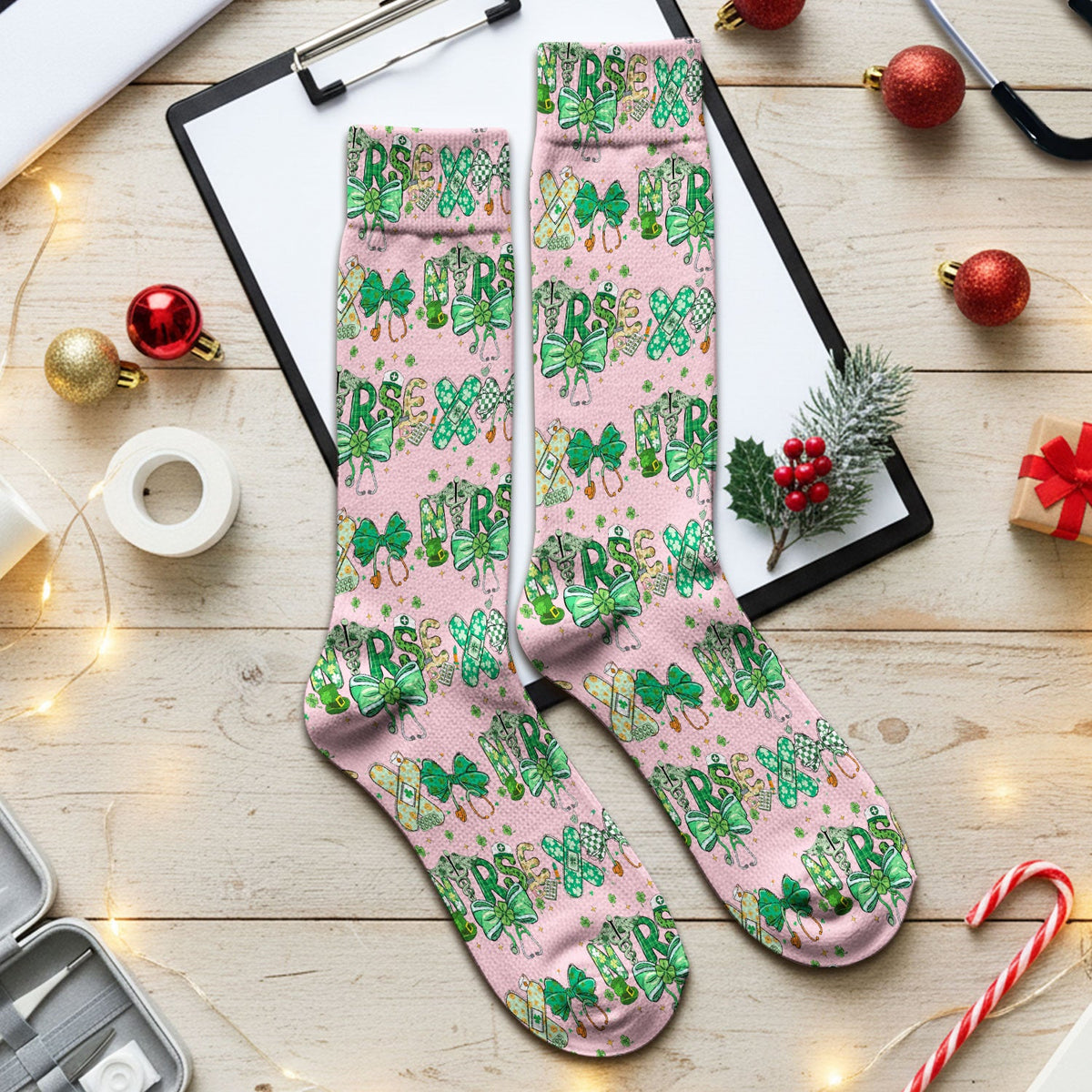 St Patrick Clover Green Bow Nurse Socks