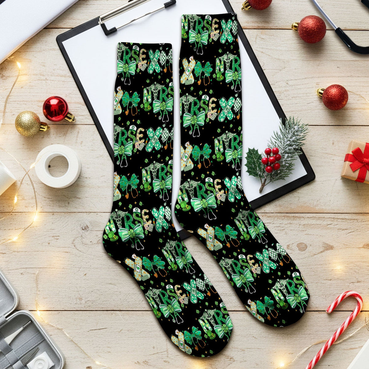 St Patrick Clover Green Bow Nurse Socks