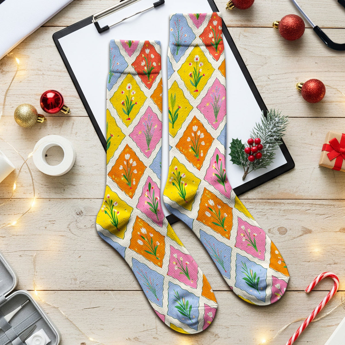 Colorful Floral Tile Nurse Socks
