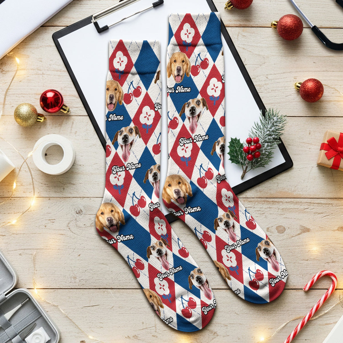 Dog Face Cherry Argyle Nurse Socks
