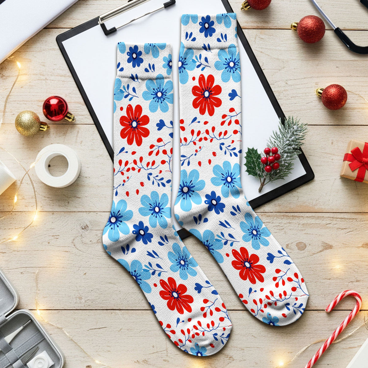 Symmetrical Folk Floral Heart Nurse Socks