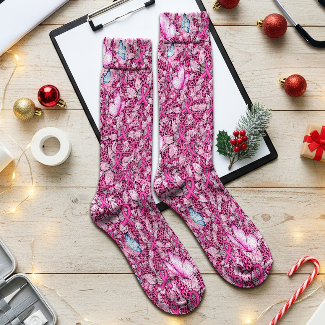 Pink Ribbon Butterfly Breast Cancer Nurse Socks