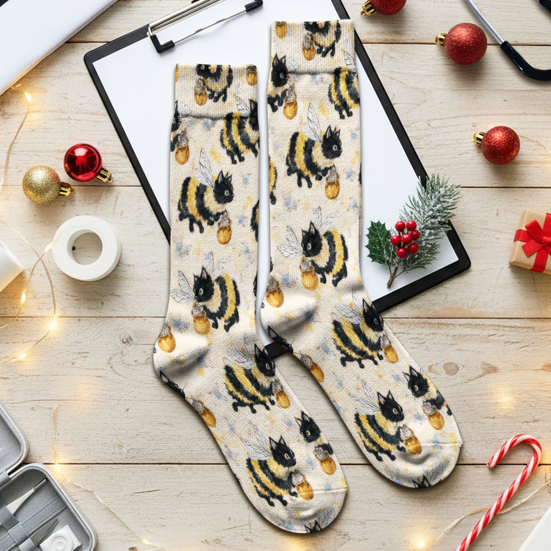 Adorable Bumblebee Cat Honey Jar Nurse Socks