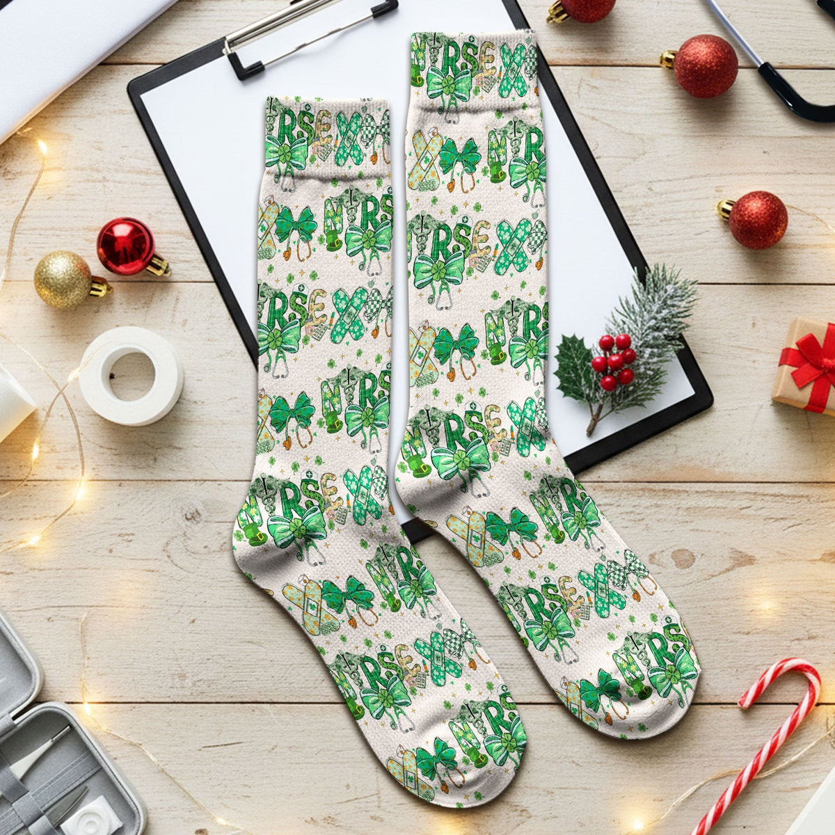 St Patrick Clover Green Bow Nurse Socks