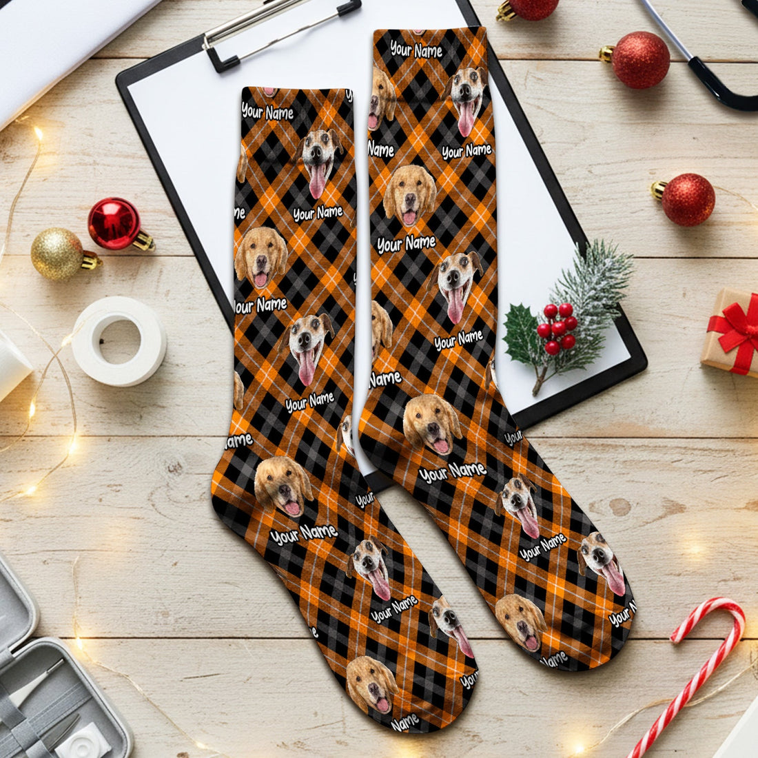 Personalized Halloween Dog Photo Plaid Socks