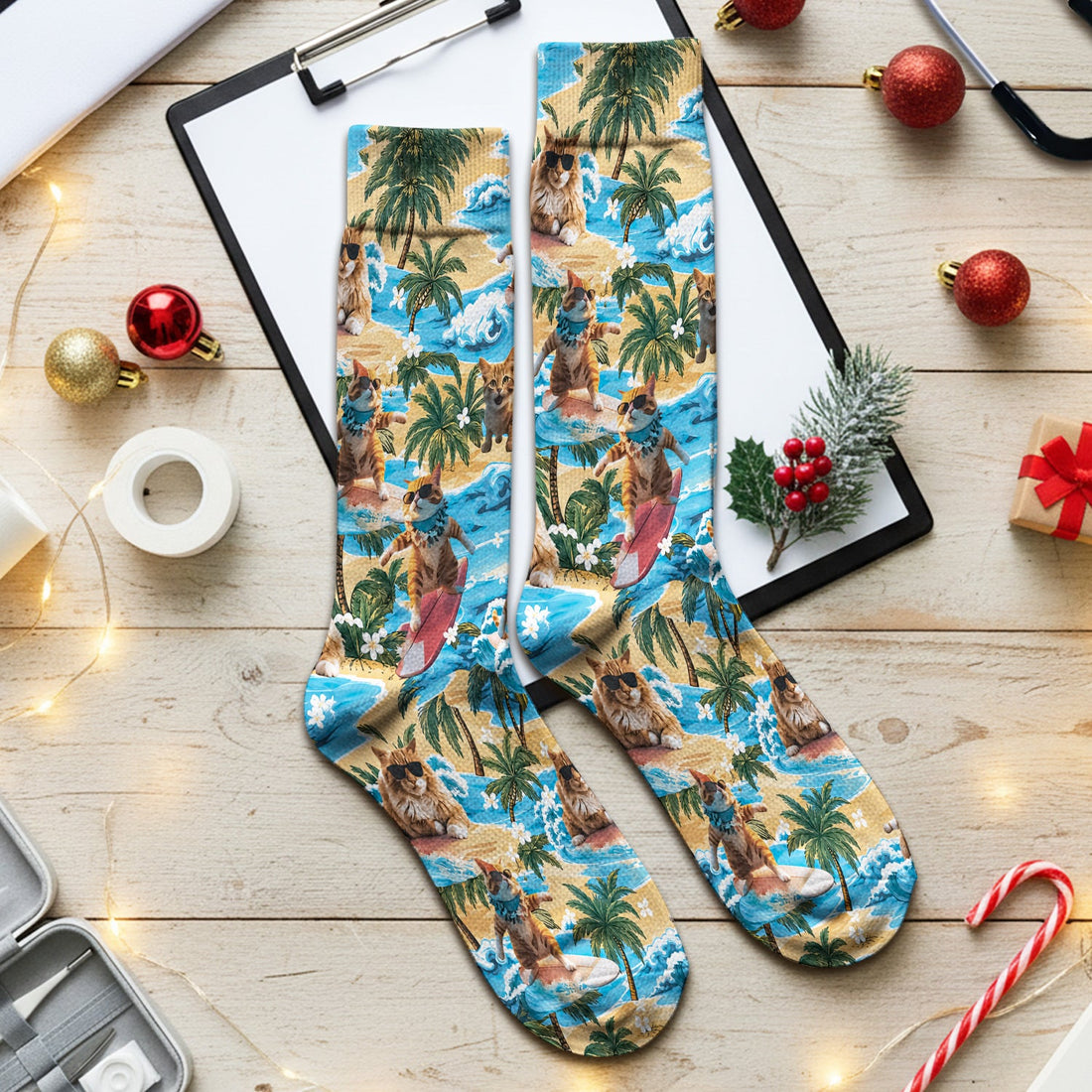 Tropical Surfing Cat Beach Wave Island Nurse Socks