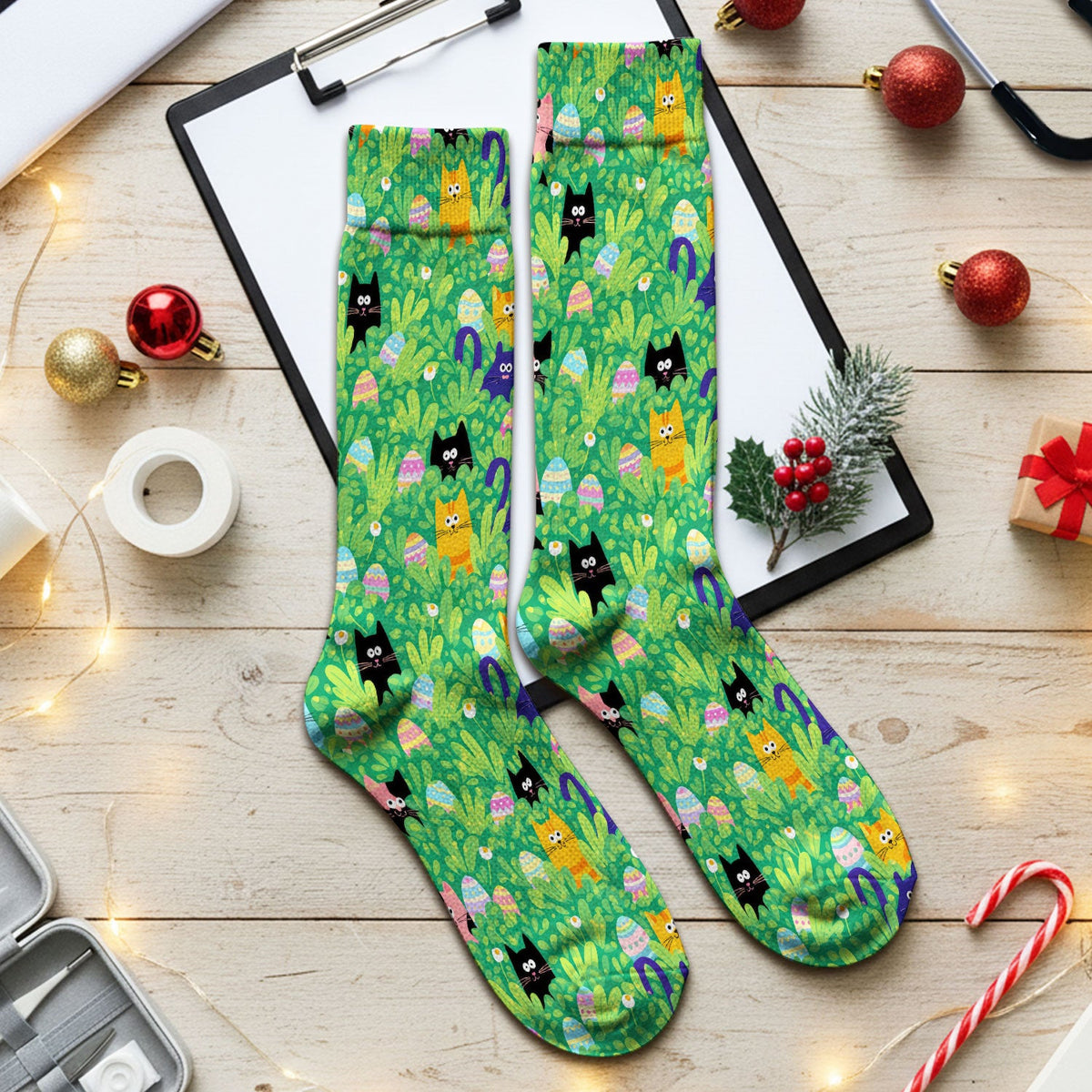 Colorful Easter Cats Green Leaves Nurse Socks