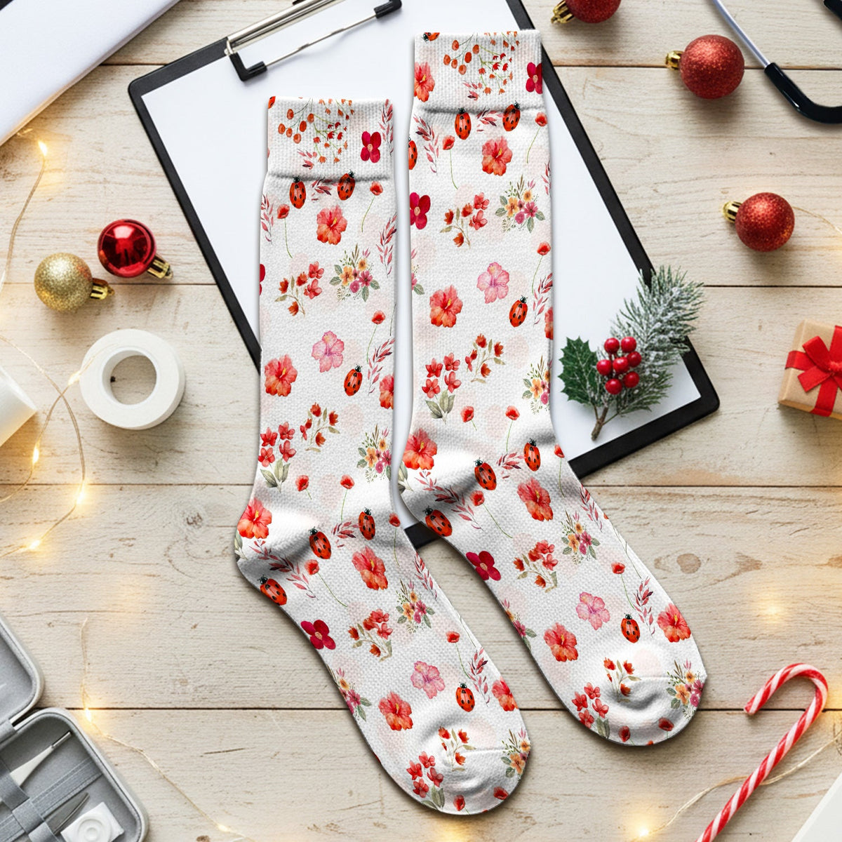 Red Ladybug Floral Garden Nurse Socks