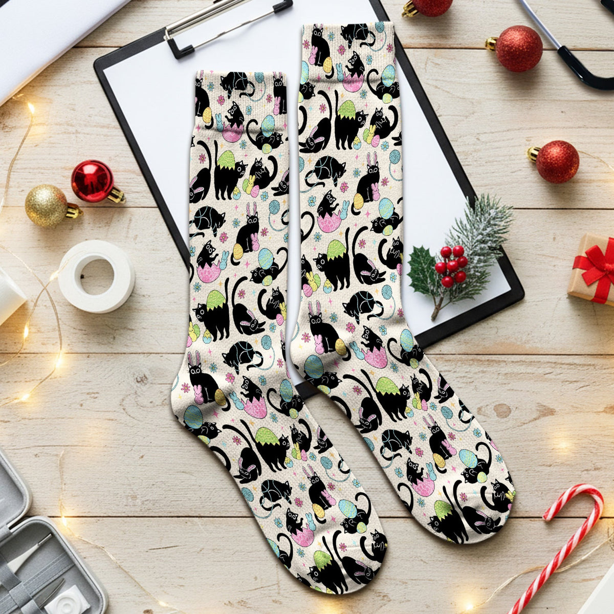 Black Cat Egg Nurse Socks - Easter Gift