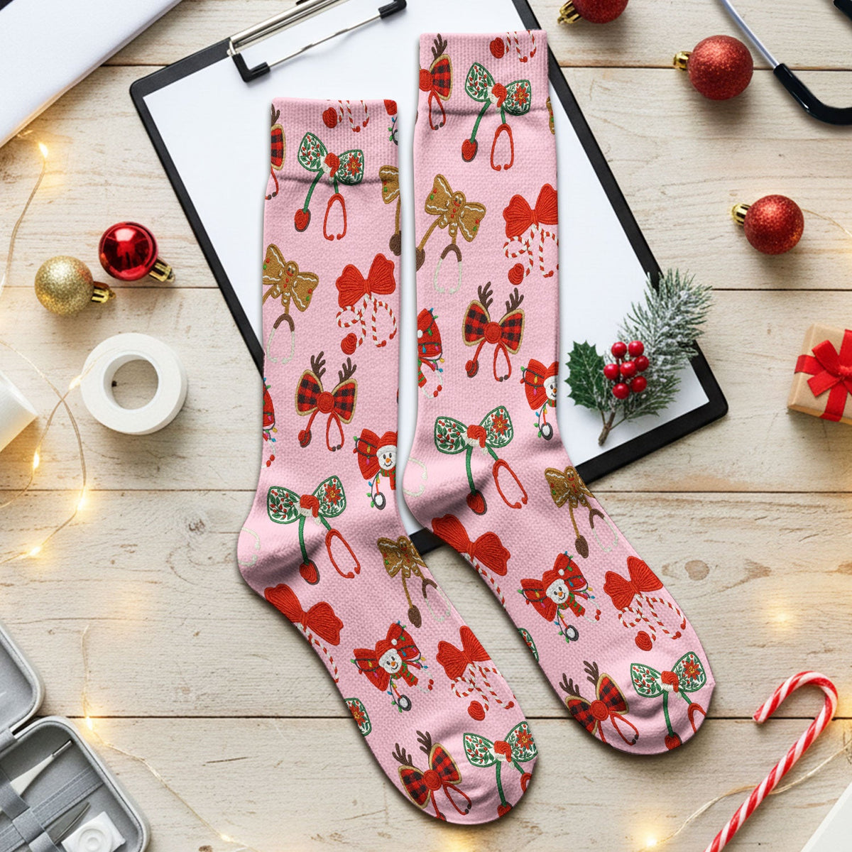 Christmas Stethoscope Bow Nurse Socks