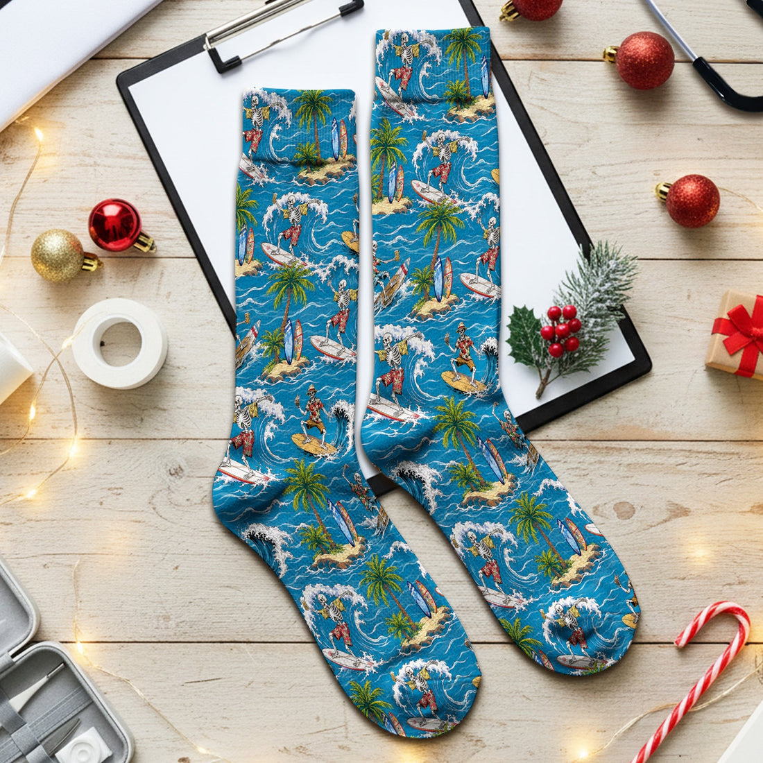 Spooky Tropical Skeleton Surfer Nurse Socks