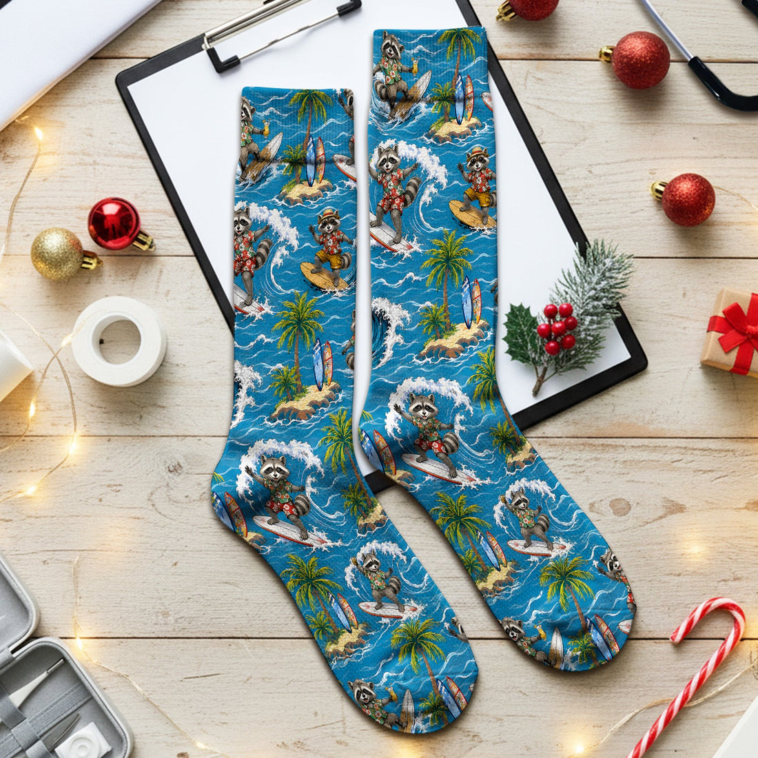 Tropical Surfing Raccoon Island Nurse Socks