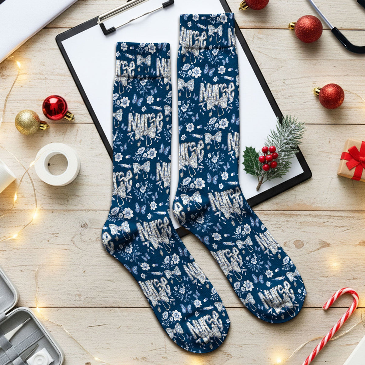 Blue Nurse Bow Butterfly Floral Socks