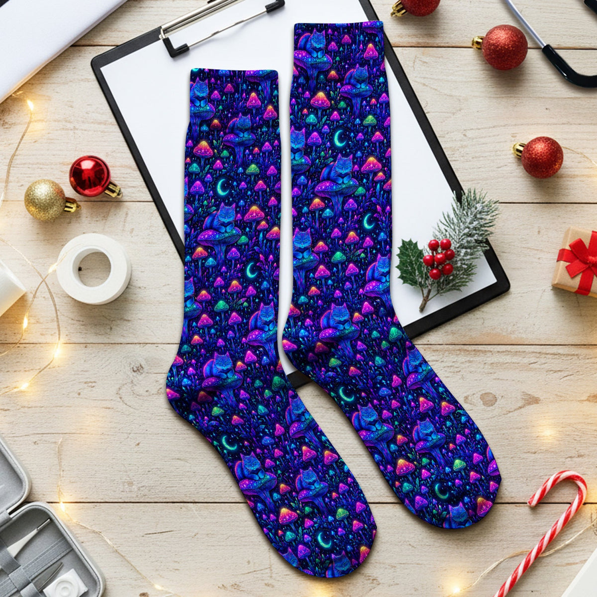 Neon Mushroom Cat Galaxy Nurse Socks