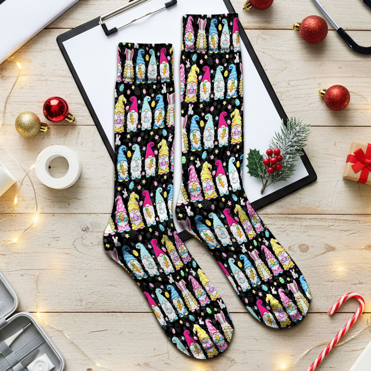 Colorful Easter Gnome Bunny Eggs Nurse Socks