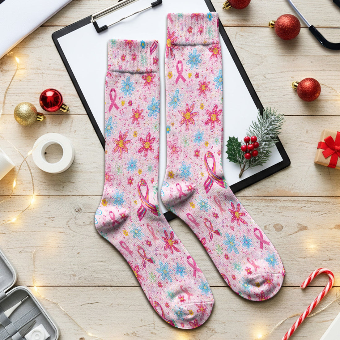 Floral Breast Cancer Awareness Nurse Socks