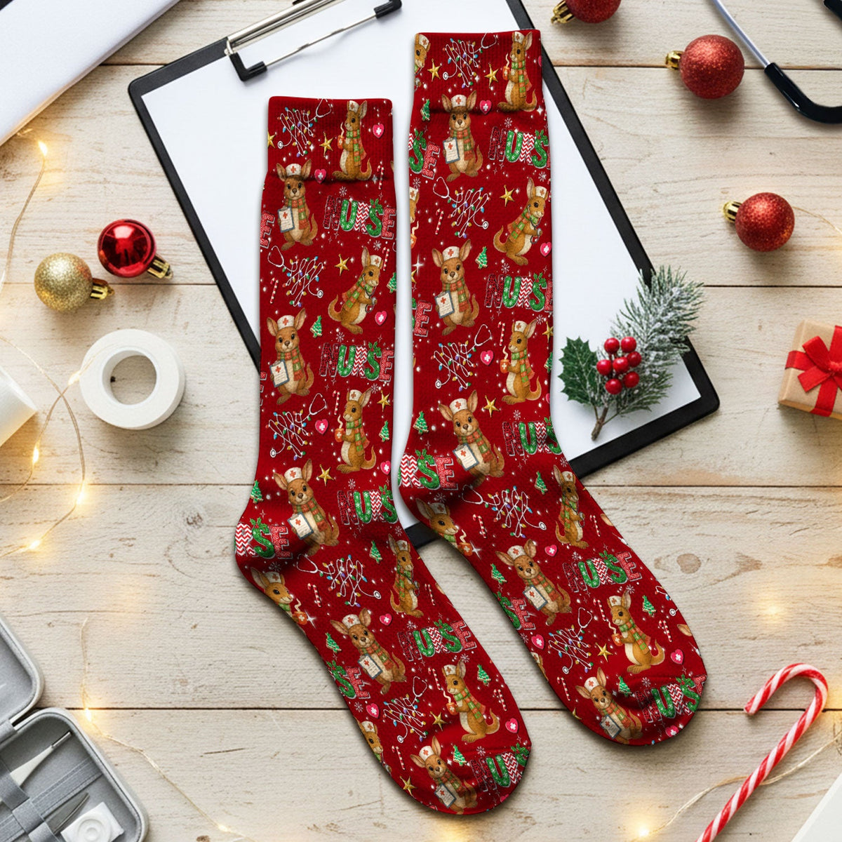 Aussie Kangaroo Christmas Socks for Nurse Doctor - Funny Holiday Adult Socks for Men and Women - Breathable Fabrics Medical Uniform