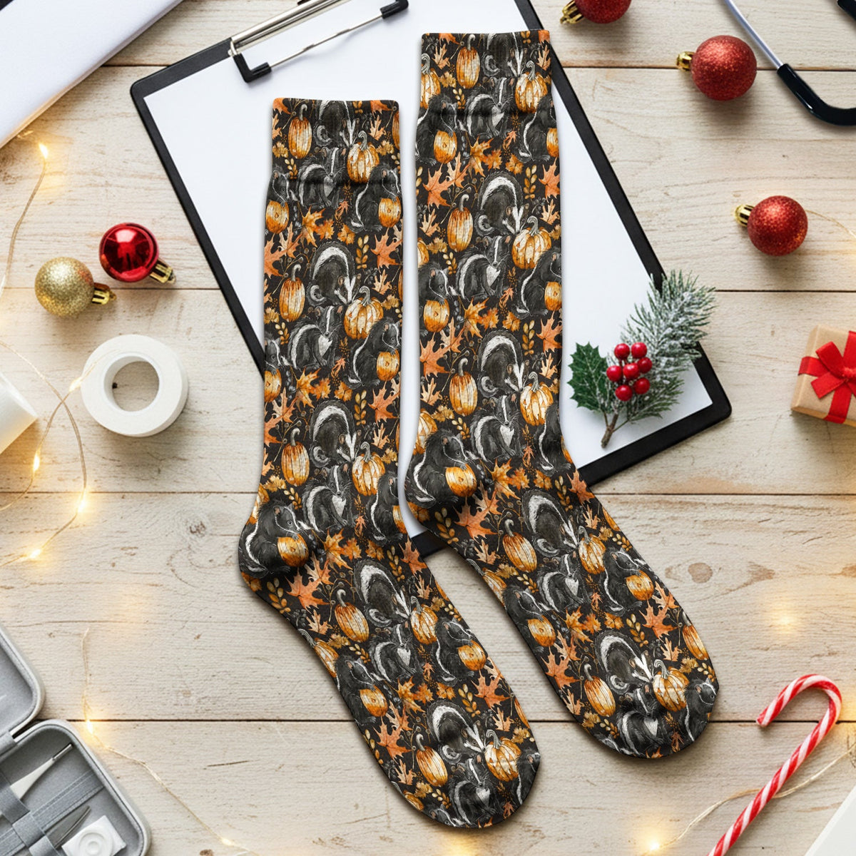 Skunk Pumpkin Autumn Leaves Nurse Socks