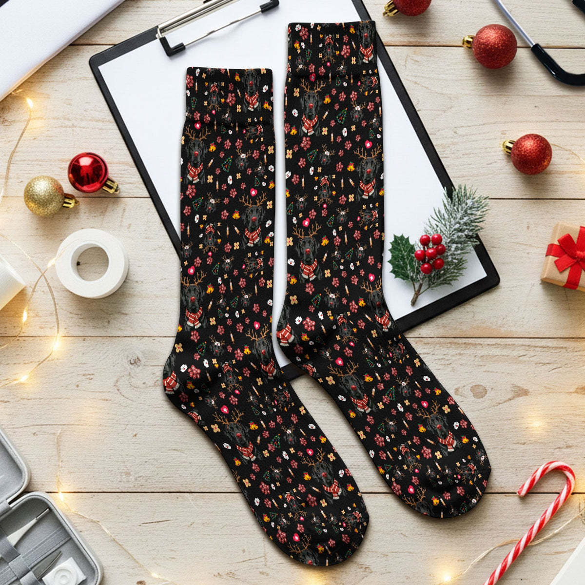 Black Lab Reindeer Christmas Nurse Socks - Gift For Dog Lover