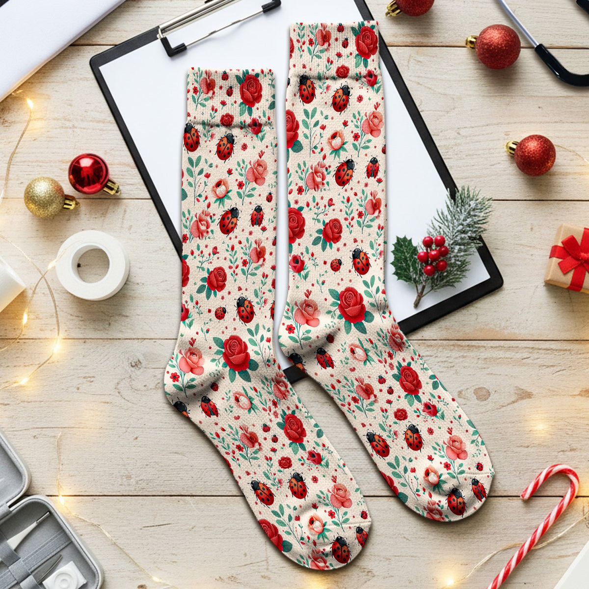 Ladybug Red Rose Floral Nurse Socks