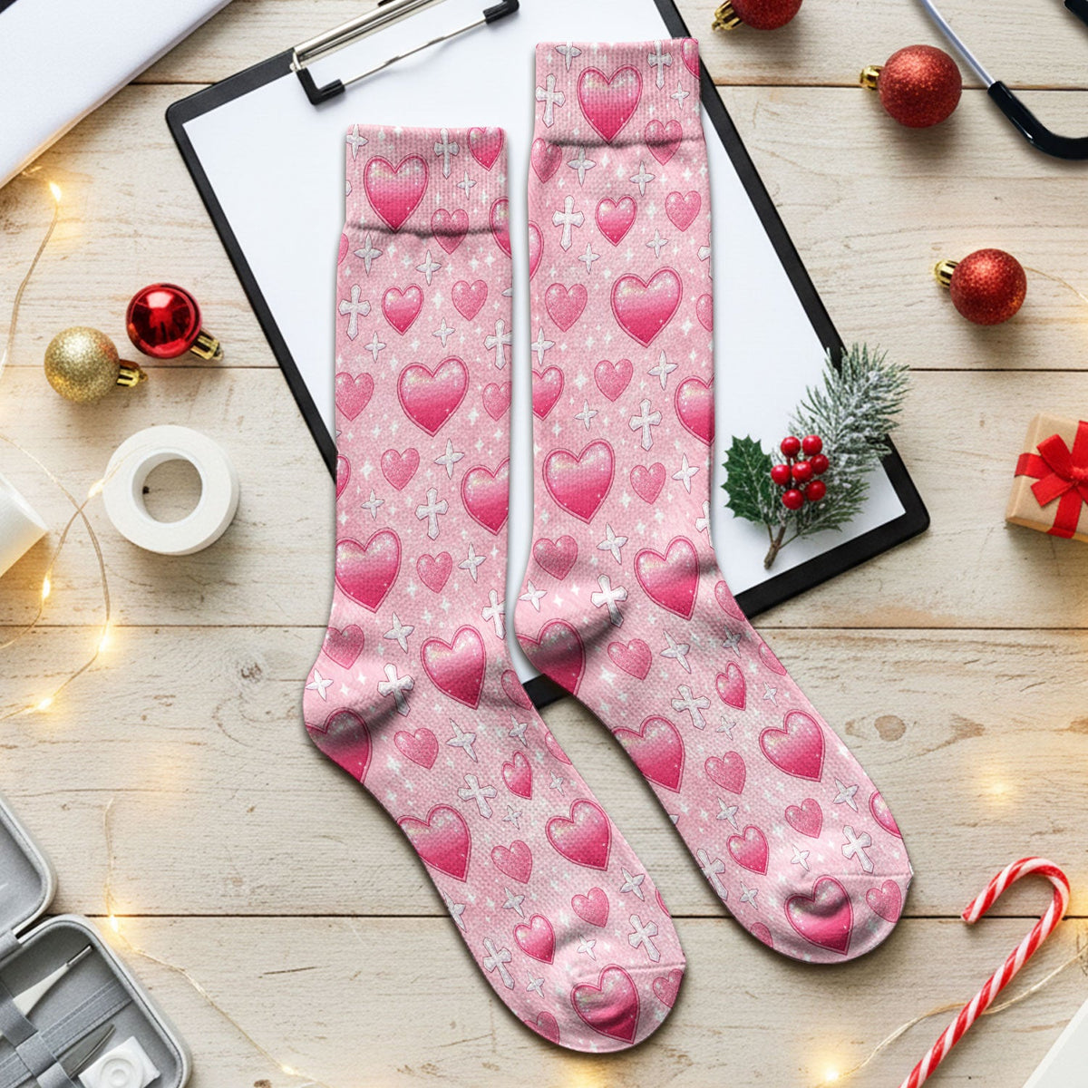 Pink Heart & Cross Nurse Socks